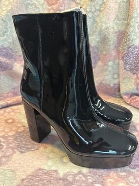 Madden Girl Black Patent Platform Block Heel Ankle Boots